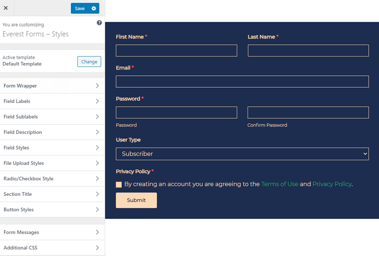 Customizer Interface Everest Forms
