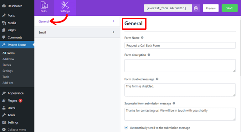 Configuring General Settings of WordPress Request a Call Back Form