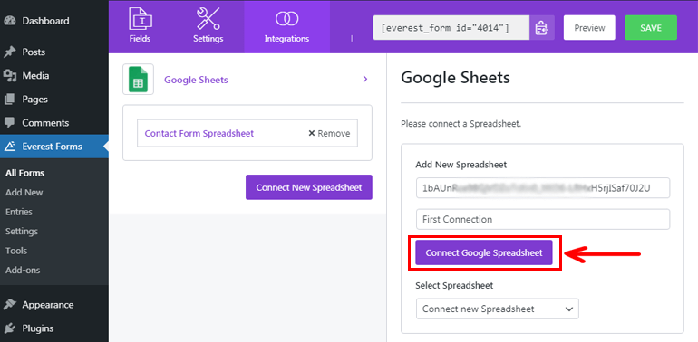 Connect Google Spreadsheet Button