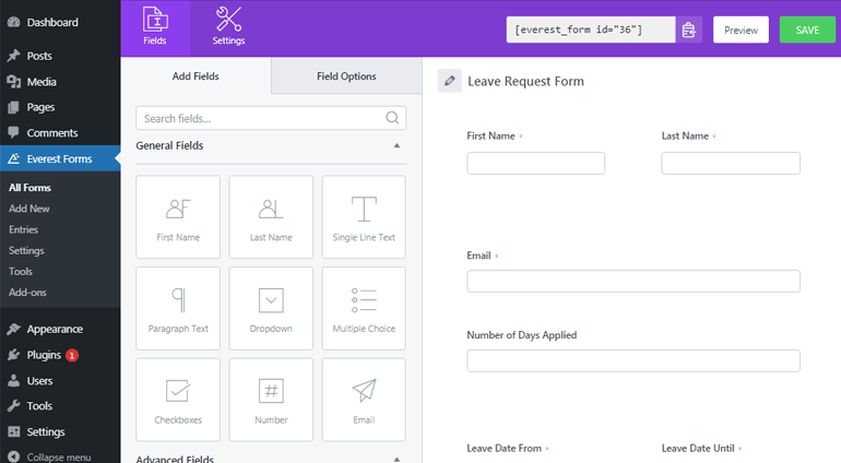 Form Editor Window with Pre-built Template