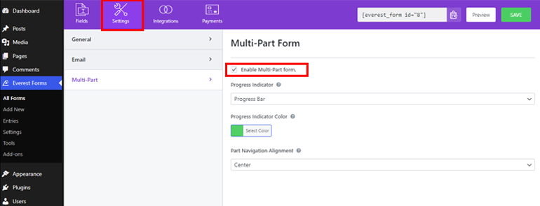 Enable Multi Part Form create multi step form in wordpress