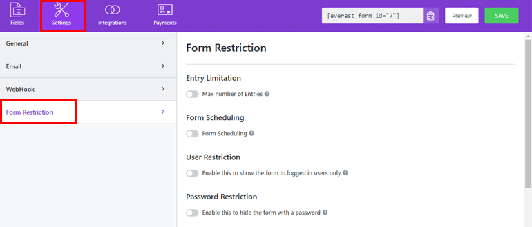 Form Restriction Settings Limit Form Submission WordPress