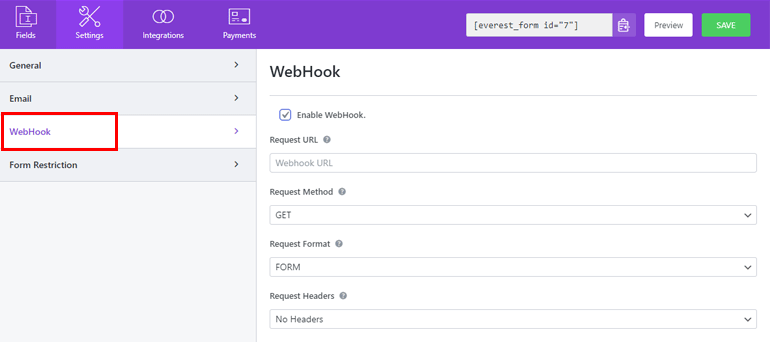 Webhook Settings for Form