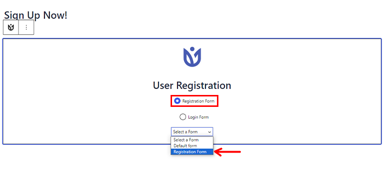 Select Form User Registration Block