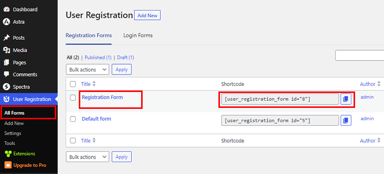 User Registration Shortcode All Forms